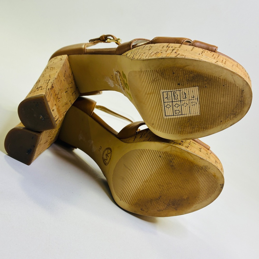 Michael Kors Camal Catalina Leather T-Strap Cork Platform Block Heel Sandals 7M - Picture 7 of 8